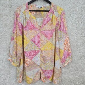 Rose + Olive Patchwork Blouse‎ Womens 2X Pink Yellow Paisley Boho Festival Top